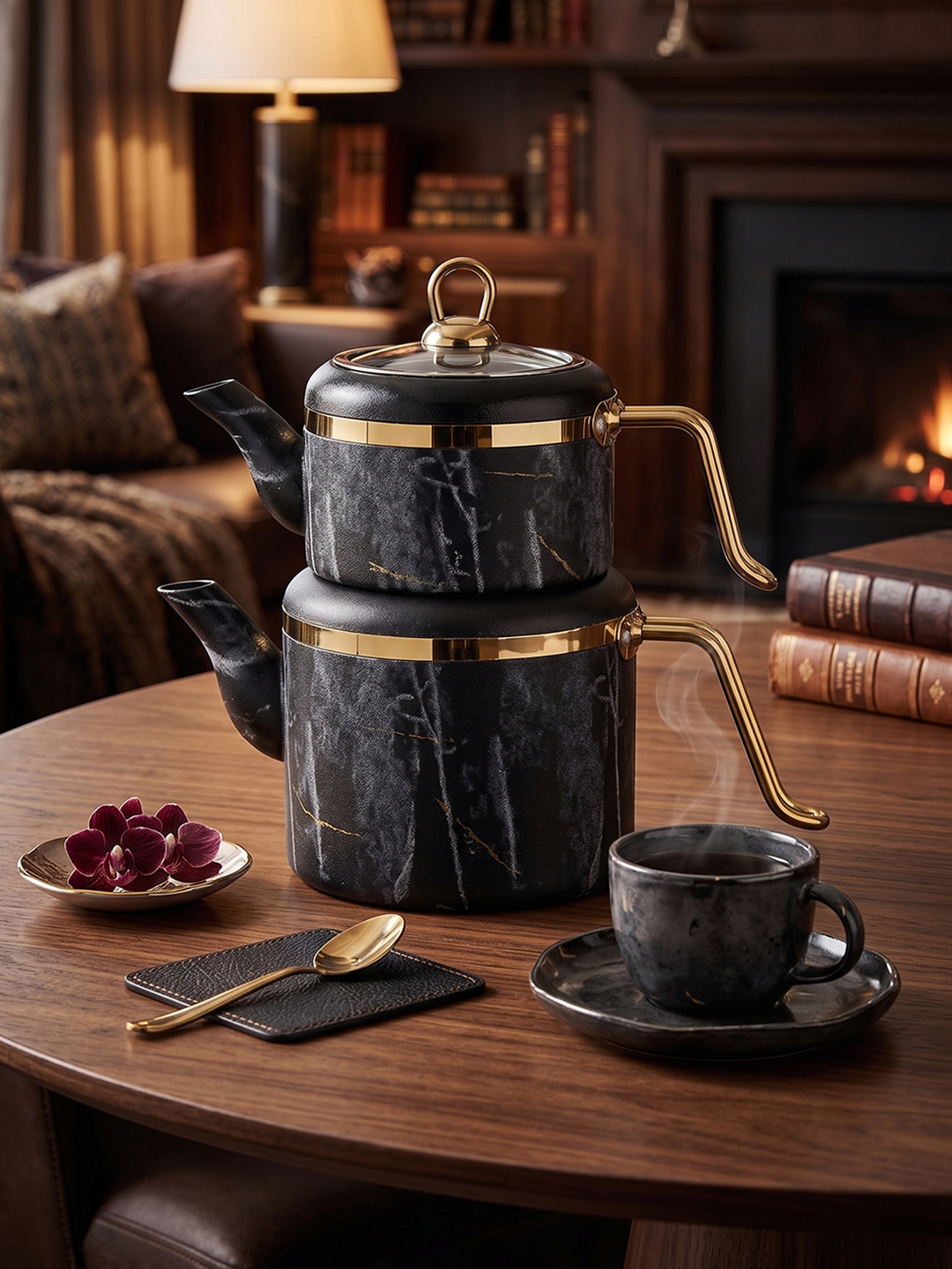 Black and gold tea set in a library